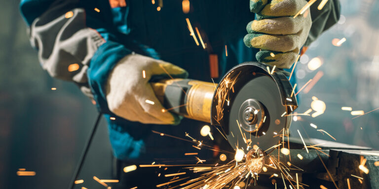 Locksmith in special clothes and goggles works in production. Metal processing with angle grinder. Sparks in metalworking Locksmith in special clothes and goggles works in production. Metal processing with angle grinder. Sparks in metalworking.