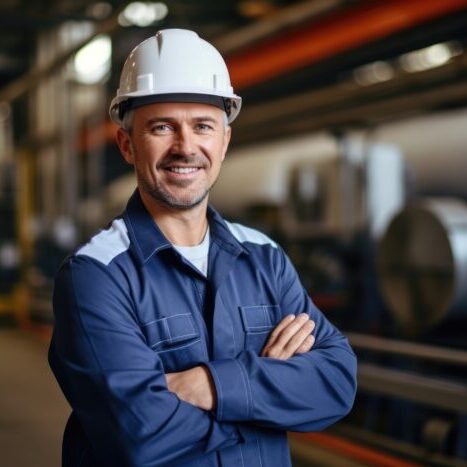 AdobeStock_751762098 Portrait of Industry maintenance engineer man with team wearing uniform and safety hard hat on factory station. Industry, image taken as a professional photo, --ar 3:2 Job ID: 15d9d057-aeb7-4fdf-9870-0853dec02643